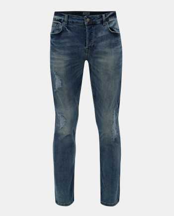 Modré slim fit džíny s potrhaným a vyšisovaným efektem ONLY & SONS