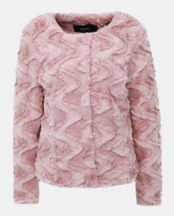 Růžový krátký kabát z umělé kožešiny VERO MODA Curl